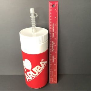 Vintage I love Aruba Red/ White Tall Water/ Drink Bottle With Straw Collectible